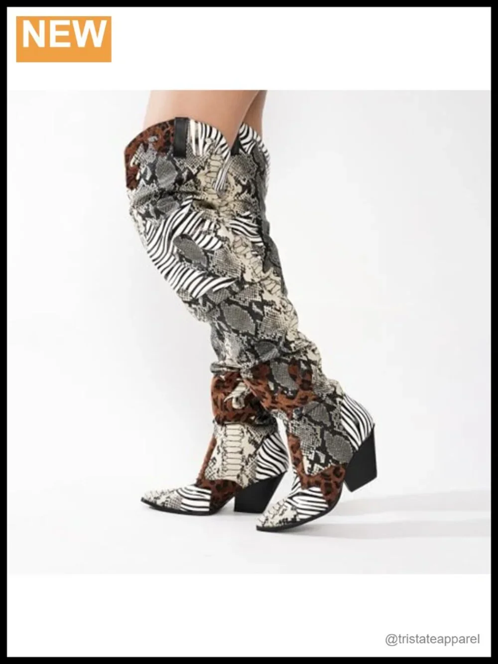 Women's Thigh High Cowboy Boots, Chunky Heel, Faux Snakeskin, Side Zipper